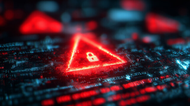 Digital padlock warning triangle over code highlights ransomware breach and urgent cybersecurity threat detection.
