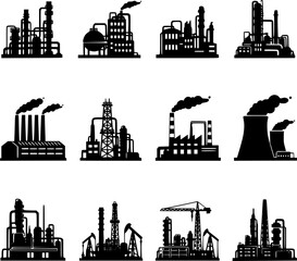 Factory, power plant industrial icons. Factory, power plant, oil refinery and oil processing plant industrial icon. EPS 10 version.