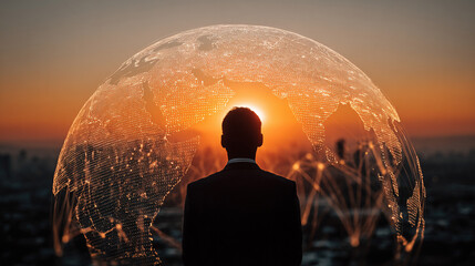 Silhouette of businessman from behind standing before a digital earth globe with network connections over a cityscape. Blurred futuristic background. Symbol of global vision, tech, and leadership.

