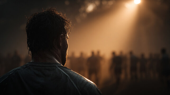 Silhouetted soccer team huddles together for a pep talk under golden hour light. Backlit scene conveys unity, focus, and team spirit before the game. Warm, emotional, and motivational moment.

