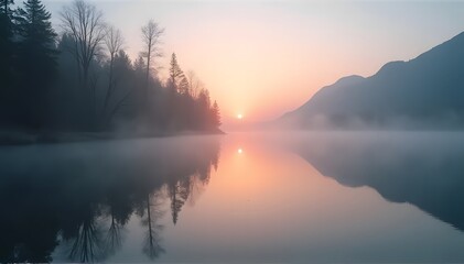 Fototapeta premium Tranquil lake sunrise between misty mountains