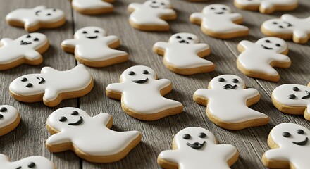 Obraz premium Decorated Halloween cookies on a rustic wooden surface, in ghost shapes