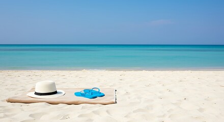 Obraz premium Beach Scene: White Hat, Blue Flip-Flops, Towel, and Turquoise Ocean View
