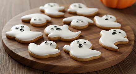Decorated Halloween cookies on a rustic wooden surface, in ghost shapes