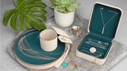 Beige jewelry box, teal tray, necklaces, plants, studio