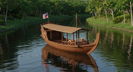 Obraz premium Serene Malaysian Boat Cruise on a Calm River, Lush Tropical Surroundings
