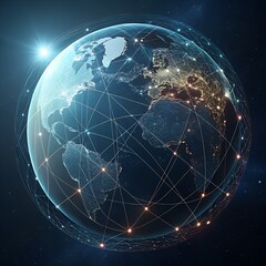 earth globe and network on black background