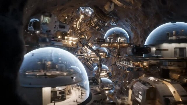 Journey Through Lunar Lava Tube City with Domed Habitats