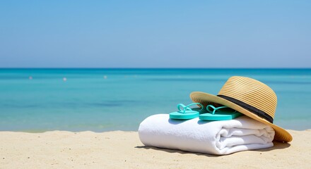 Beach Vacation Essentials: Hat, Flip-flops, and Towel on Sandy Shoreline