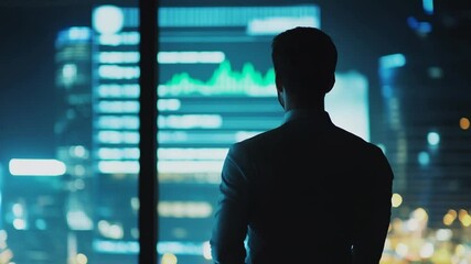 Financial analyst looking at stock market data in his office with city skyline - Powered by Adobe