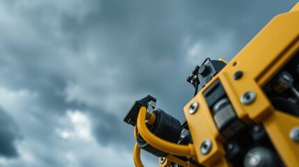 Yellow machinery against stormy sky.