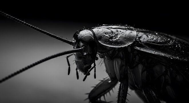 Close-up of a cockroach in monochrome.