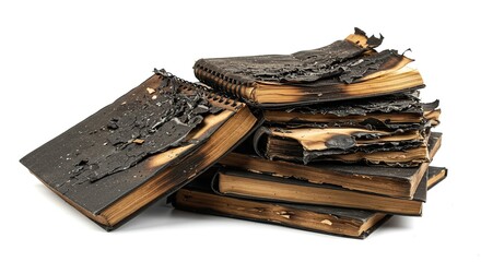 Heap of burnt books isolated on white background representing destroyed knowledge or information loss