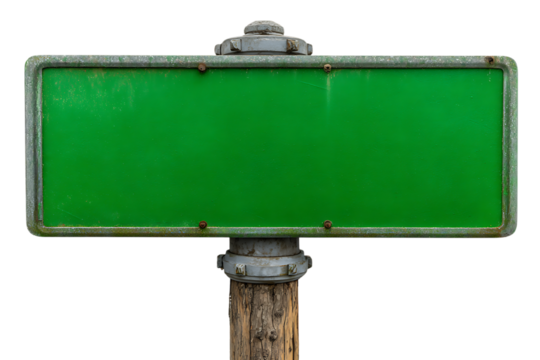 Blank green rectangular sign on wooden post isolated on transparent background - Powered by Adobe