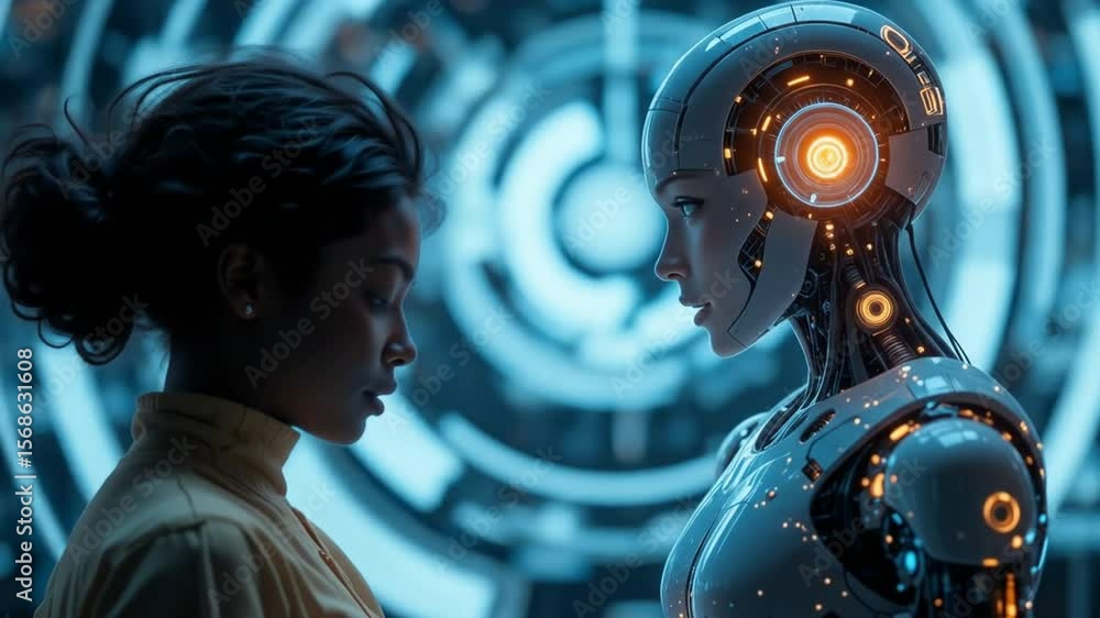 Aufkleber ai humanoid hologram robot shares knowledge with human {female} during singularity symbolizing agent