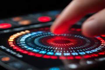 Obraz premium Close-up of a finger interacting with a touchscreen interface displaying vibrant colors and dynamic patterns in a digital application