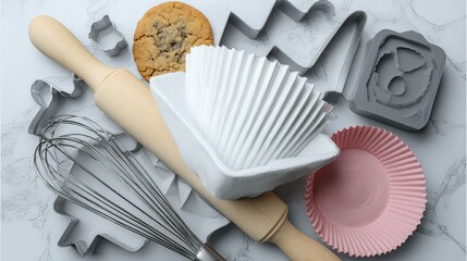 Baking tools, cookie, marble surface, overhead shot, recipe blog