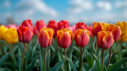Colorful tulips fill a field under a blue, partly cloudy sky in an eye-level, vibrant, and picturesque scene