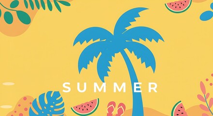Bright Summer Illustration Featuring Palm Tree, Watermelon, and Flip-Flops on Yellow Background.