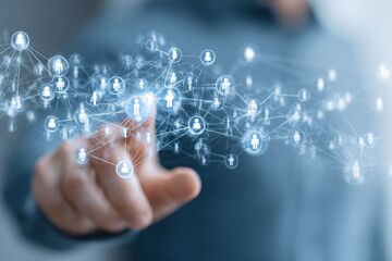 Digital connectivity is transformed as a person interacts with a network of virtual icons in a modern office space