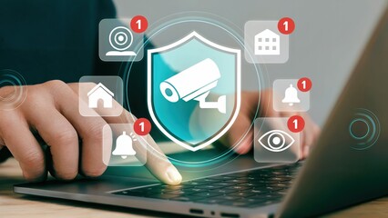 Man monitors home security system using laptop for security surveillance