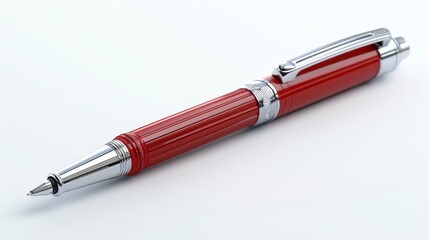 Fototapeta premium Red, ribbed pen with silver accents lies on a smooth, bright white surface