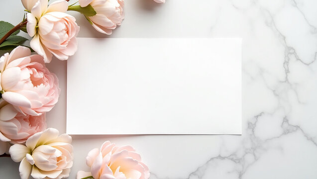 Romantic Floral Card: A delicate arrangement of pale pink roses surrounds a pristine blank card, inviting messages against the backdrop of a marble surface.