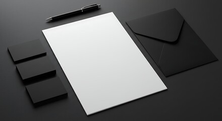 Elegant Black and White Stationery Mockup with Pen, Envelope, and Business Cards