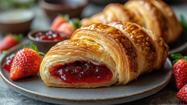 Croissant Cut Open with Jam on Plate with Strawberries - Powered by Adobe
