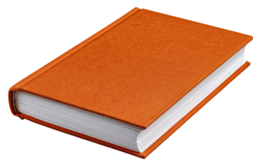 A single closed orange hardcover book with white pages isolated on transparent background