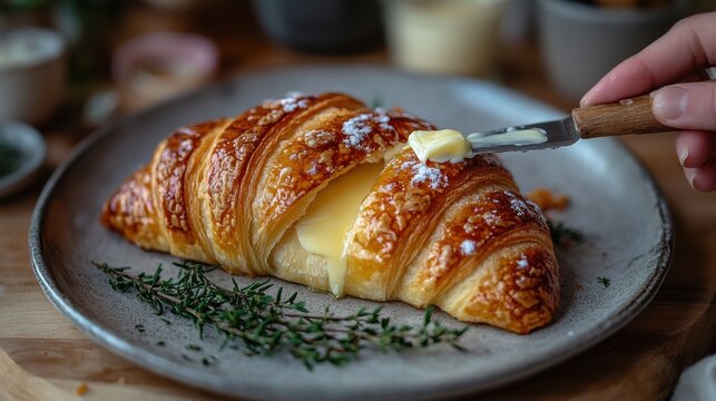 Filled Croissant with Butter Application on Plate