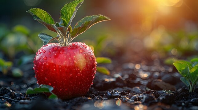 Dewy red apple with sprout growing from it, atop soil, bathed in golden light