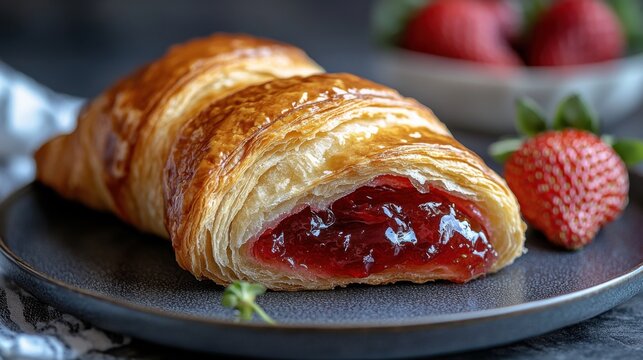 Jam-Filled Croissant with Strawberries on Plate