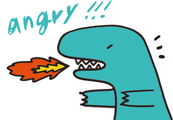 Angry cartoon dinosaur breathing fire with the word 'angry' above.