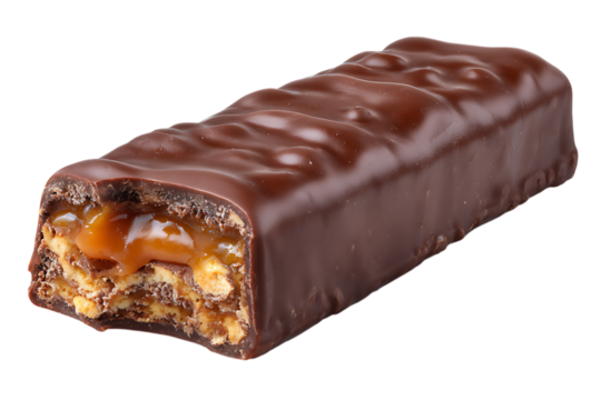 Delicious chocolate bar with caramel and biscuit filling isolated on transparent background