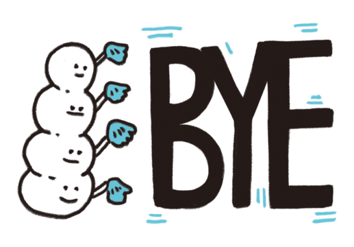 Stacked snowmen waving goodbye next to the word 'BYE'.