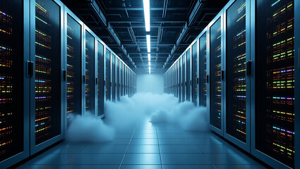 Data Center Cloud Corridor: A technological marvel, this image showcases the heart of modern data processing, a cloud-filled corridor lined with server racks.