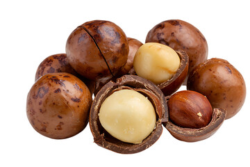 Pile of whole and shelled macadamia nuts with creamy white kernels and brown shells isolated on transparent background
