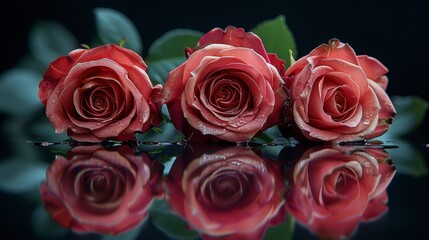 Obraz premium Three vibrant roses reflect off a dark surface with droplets