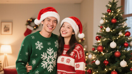 A festive, joyful portrait of a couple celebrating Christmas in a cozy indoor setting. Christmas, Christmas Tree, Merry Christmas, Christmas Background, Christmas Lights