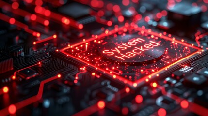 Glowing "System Hacked" text on a dark circuit board with red light points