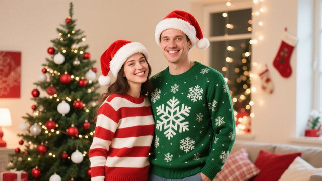 A festive, joyful portrait of a couple celebrating Christmas in a cozy indoor setting. Christmas, Christmas Tree, Merry Christmas, Christmas Background, Christmas Lights