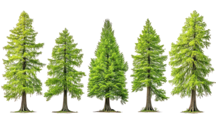  Set of Metasequoia Glyptostroboides Trees - Group of dawn redwood trees with lush green foliage on transparent background