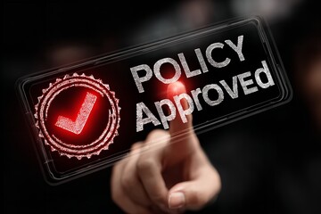 Policy approval process demonstrated by a hand pressing a check mark on a digital interface in a corporate setting during the day