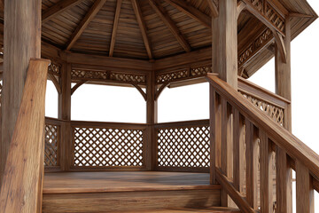 Detailed view of a rustic wooden gazebo with lattice work and stairs isolated on transparent background