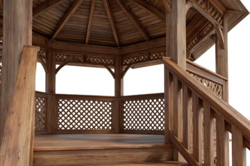 Detailed view of a rustic wooden gazebo with lattice work and stairs isolated on transparent background