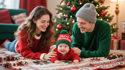 A festive portrait of a loving family celebrating Christmas. Christmas, Christmas Tree, Merry Christmas, Christmas Background, Christmas Lights