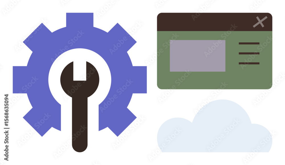 Wall mural gear with wrench, web window with inset details, and cloud element. ideal for technology, developmen