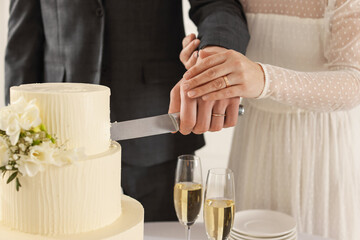 Newlyweds cutting wedding cake together indoors, closeup