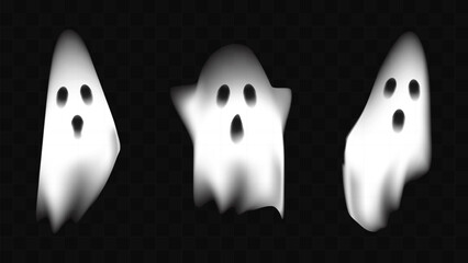 Halloween kind ghost realistic white spirit spooky isolated on transparent background. Scary poltergeist flying night. Banner and poster design website advertising. Vector illustration.